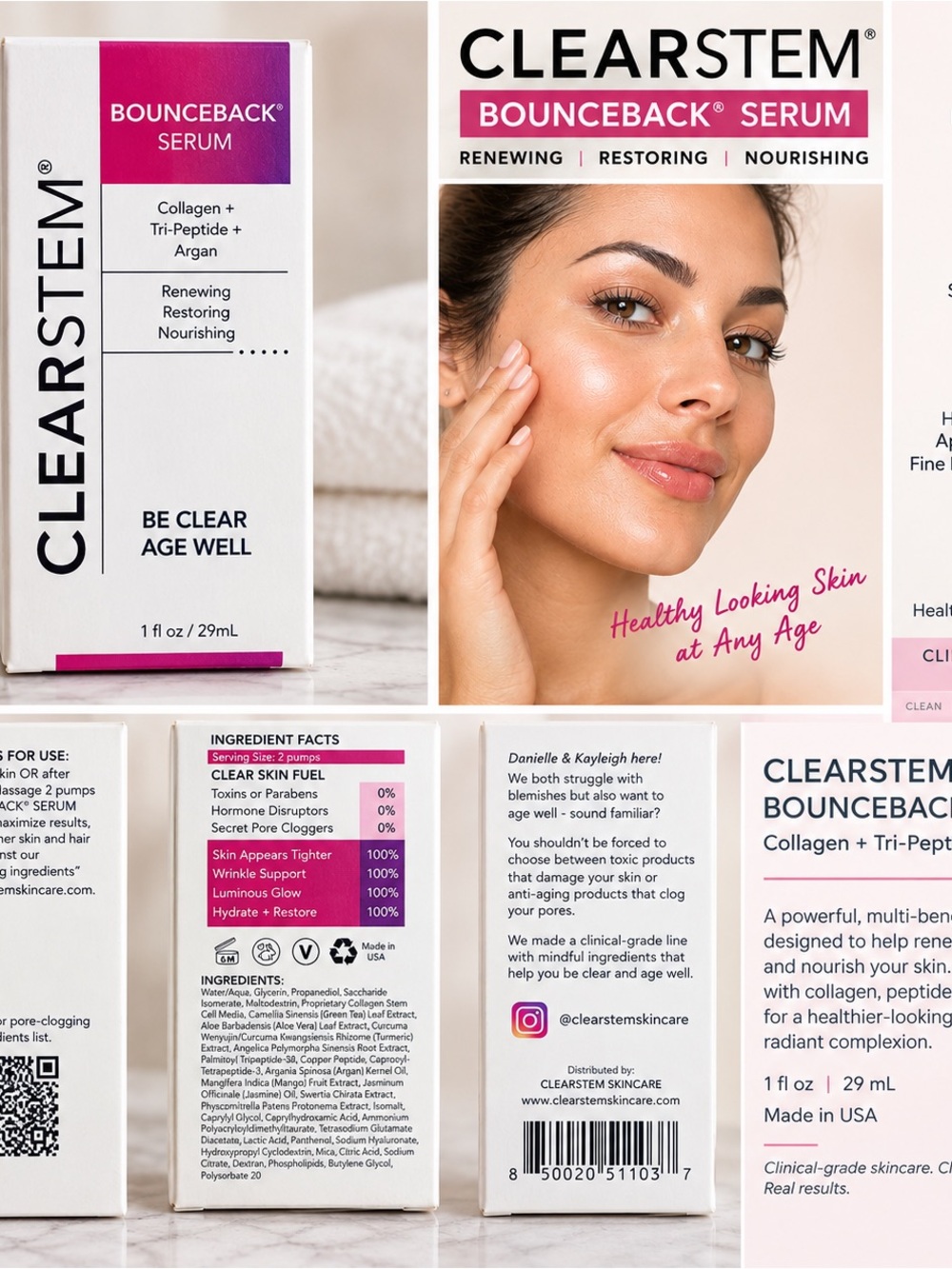 (#15) CLEARSTEM Bounceback Serum Collagen Tri-Peptide Argan 1 oz New in Box